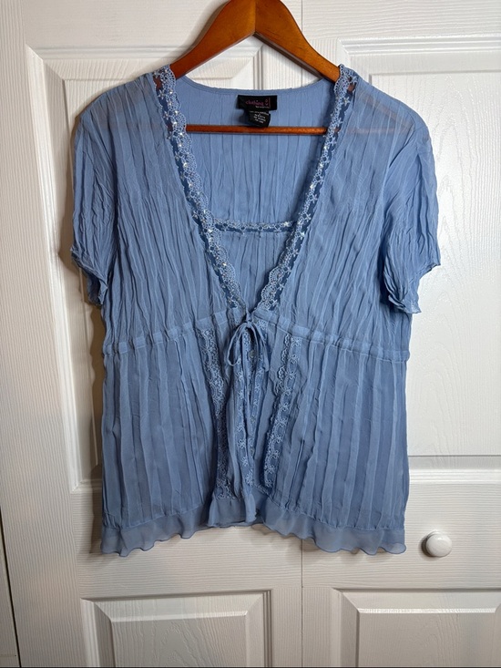 Notations Tops - Notations Light Blue Lace-Trim Tie-Front Blouse